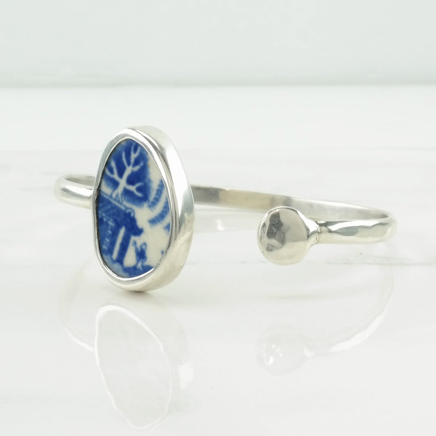 Vintage Sterling Silver Cuff Bracelet Blue, White Porcelain