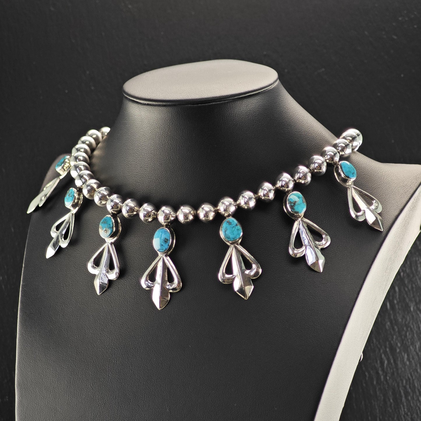 Native American Turquoise Beaded Necklace Earring Set - Sterling Silver Jewelry