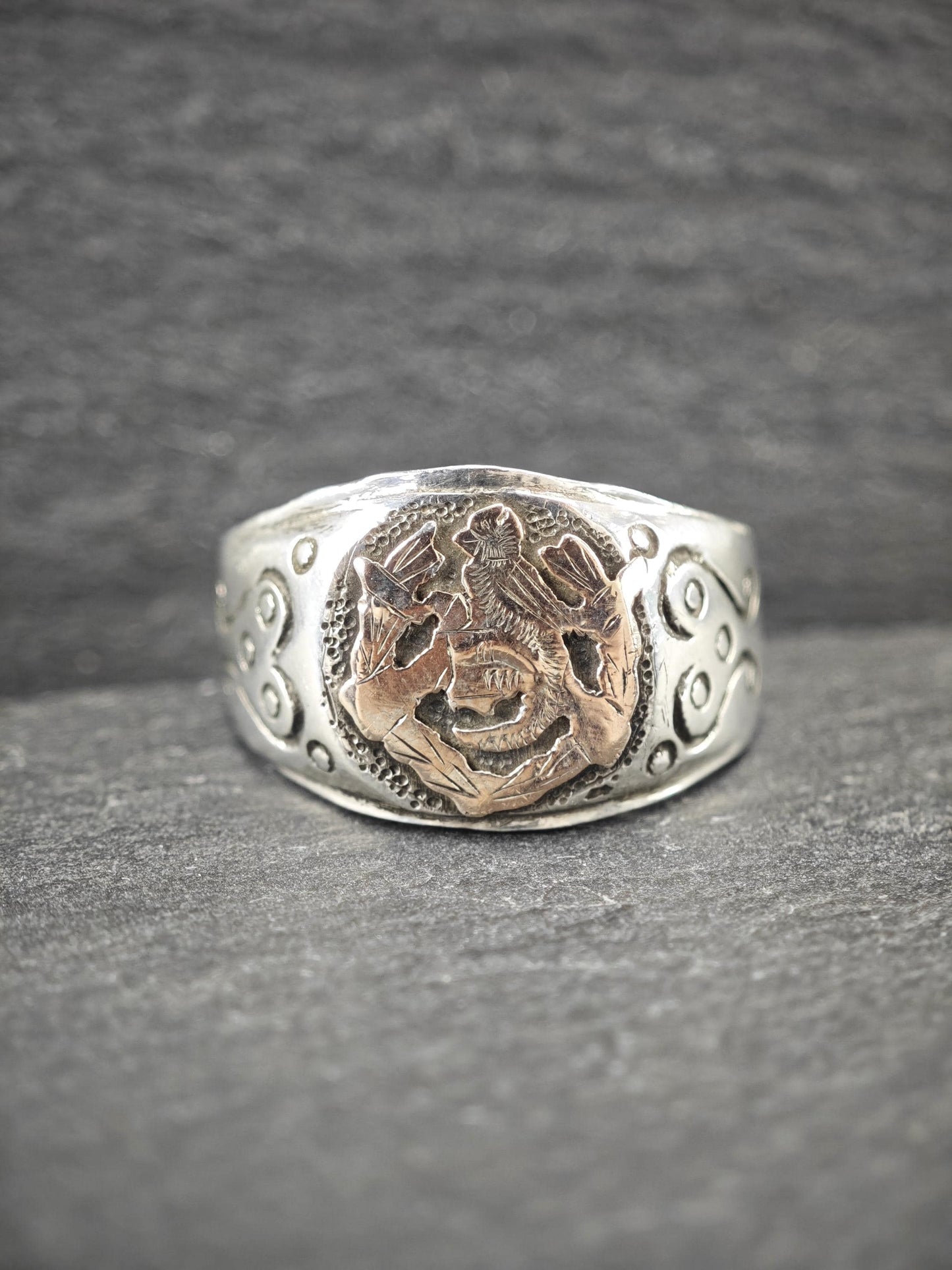 Mexican Biker Ring with Gold Overlay, Bird Sterling Silver R5730