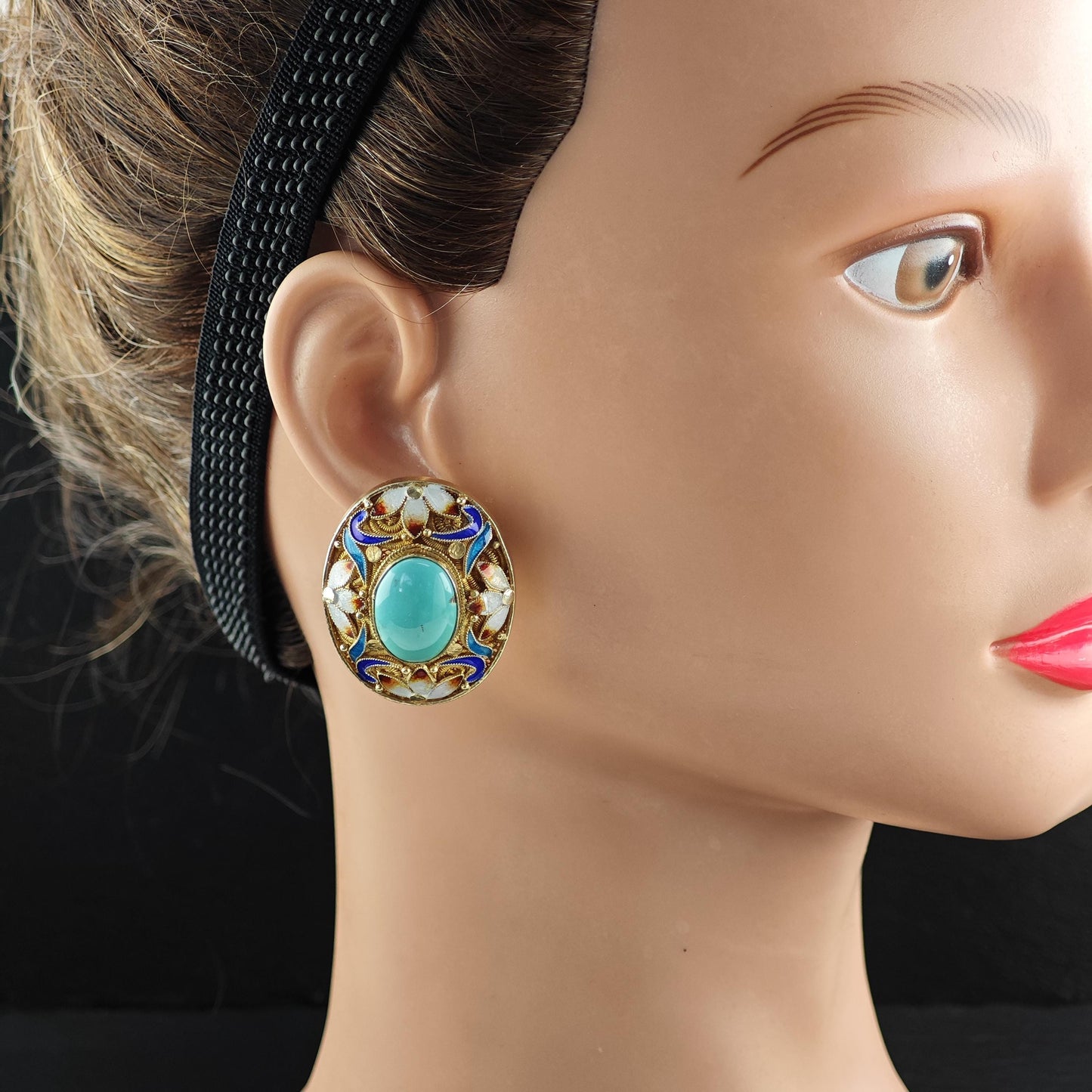Chinese Export Turquoise, Vermeil Enamel Sterling Silver Stud Earrings