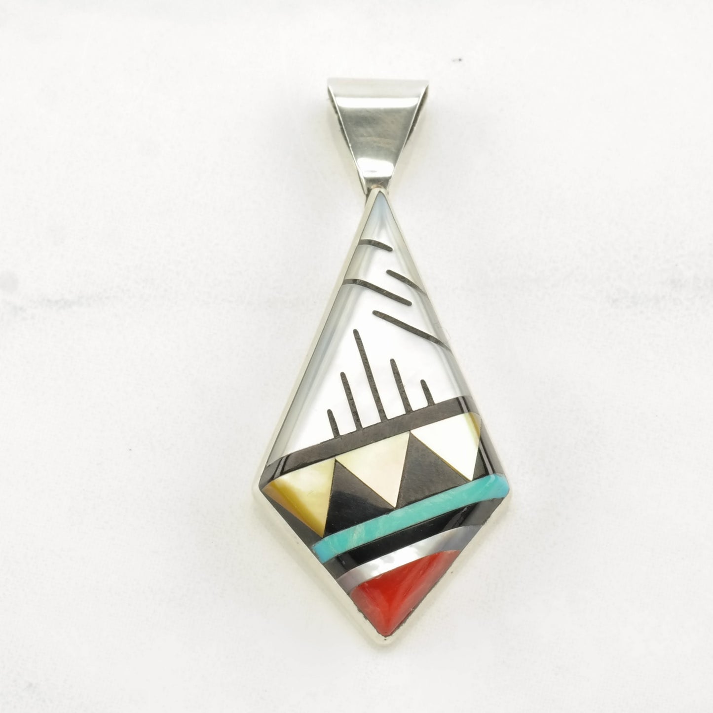 Vintage Zuni Multi Stone Inlay, Geometric Sterling Silver Pendant