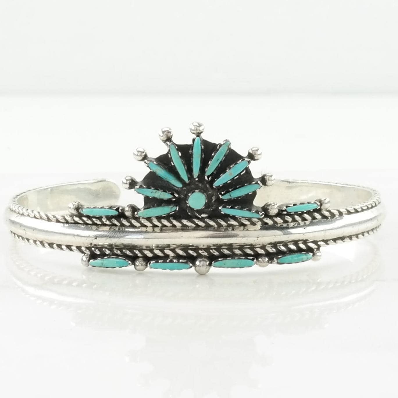 Southwest Sterling Silver Cuff Bracelet Blue Turquoise Needlepoint, Floral