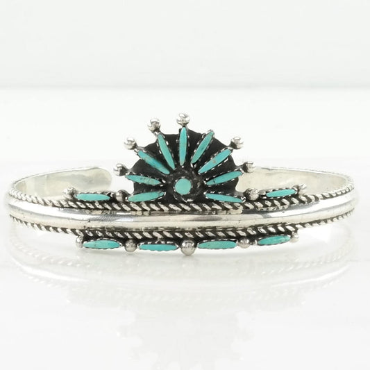 Southwest Sterling Silver Cuff Bracelet Blue Turquoise Needlepoint, Floral