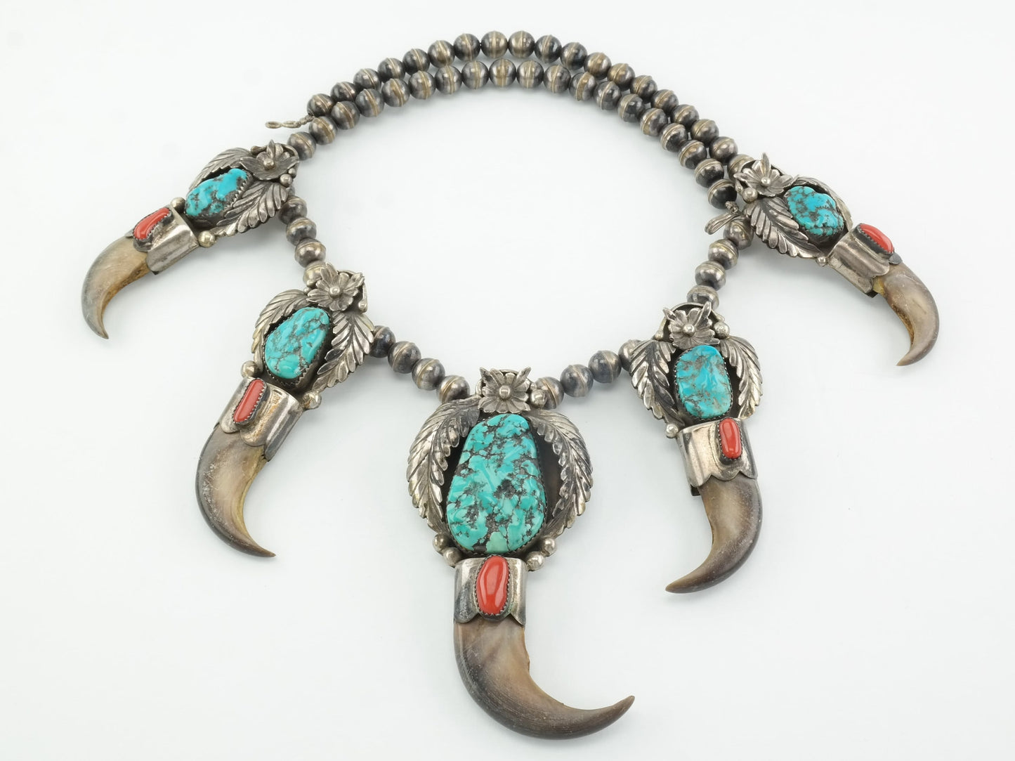 Native American Sterling Silver Turquoise, Coral, Floral, Feather Necklace