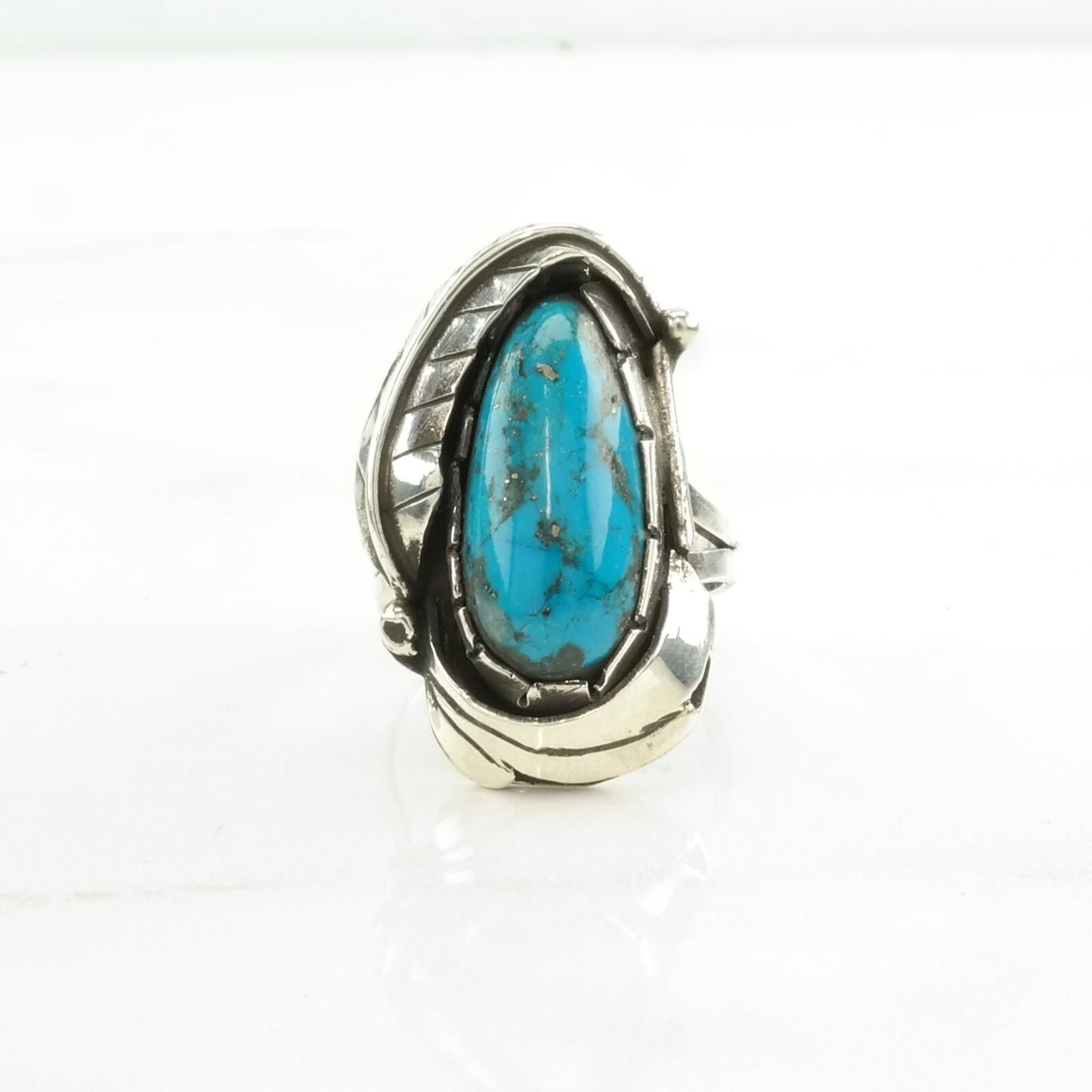 Vintage Southwest Silver Ring Turquoise Leaf Sterling Blue Size 7 1/2