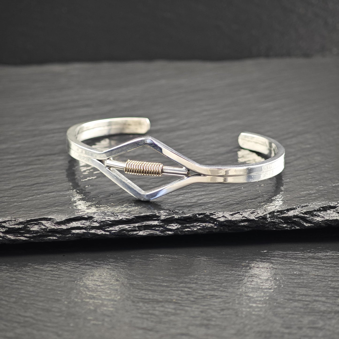 Modernist Gold Spring Cuff Bracelet Sterling Silver
