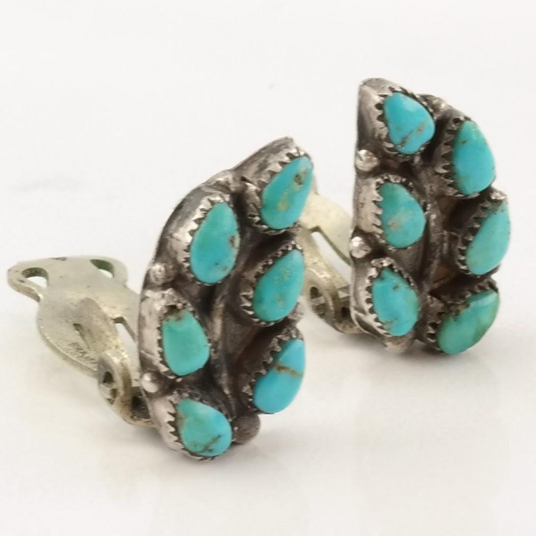 Native American Sterling Silver Turquoise Zuni Leaf Earrings Clip On