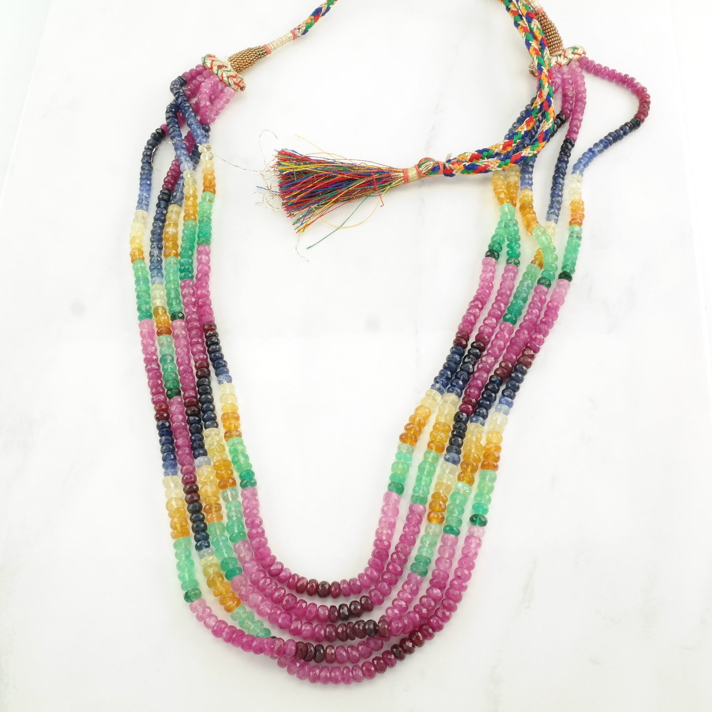 Vintage 500 ctw Rainbow Ruby, Sapphire, Citrine, Emerald 5 Strand, Bead Necklace