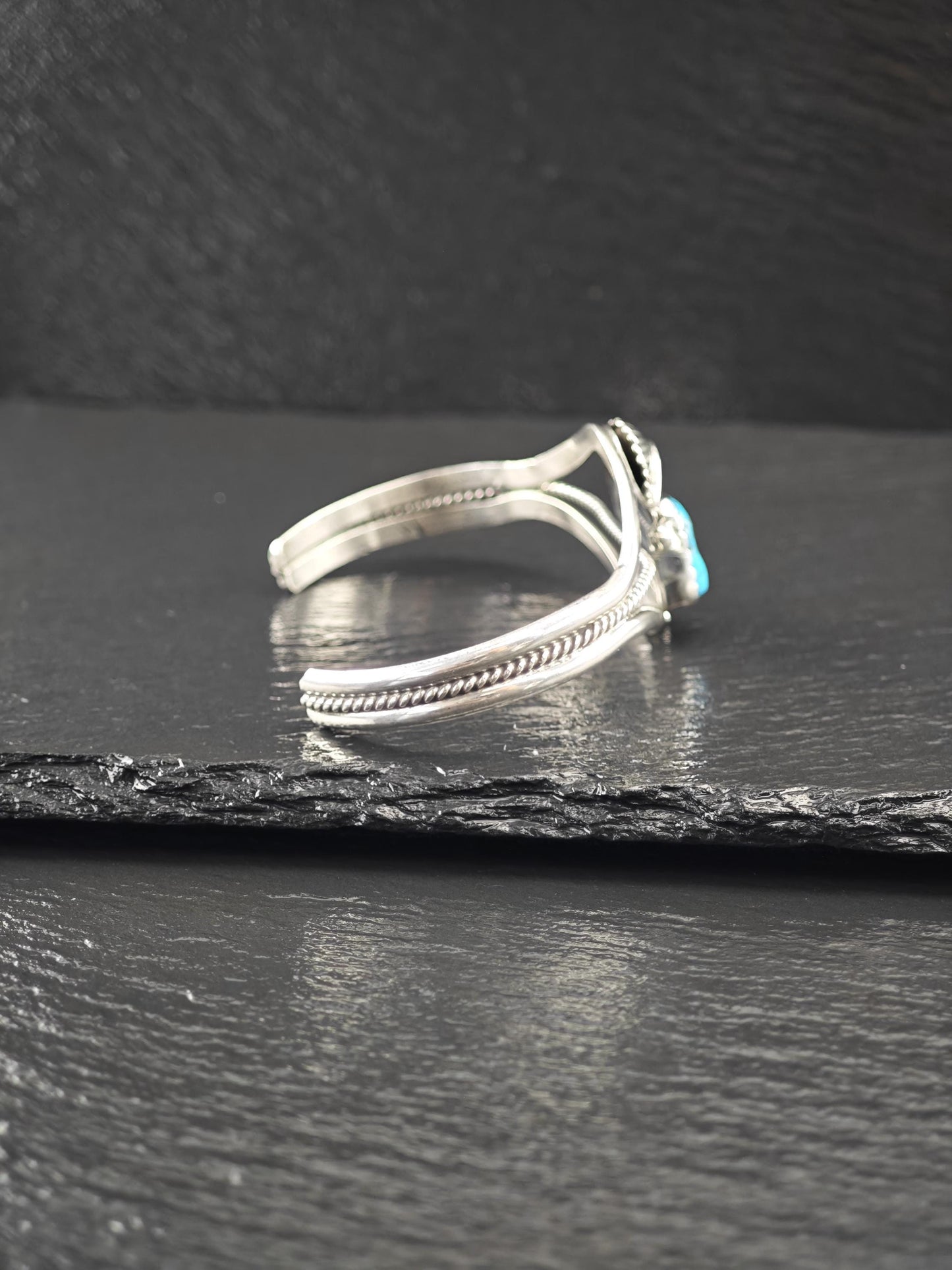 Native American, Turquoise, Floral Cuff Bracelet Sterling Silver