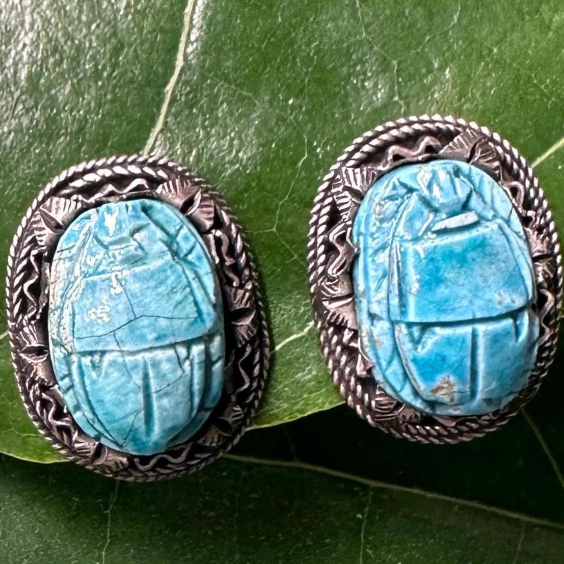 Vintage Egyptian Carved Scarab, Sterling Silver Clip On Earrings