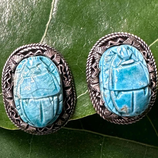 Vintage Egyptian Carved Scarab, Sterling Silver Clip On Earrings