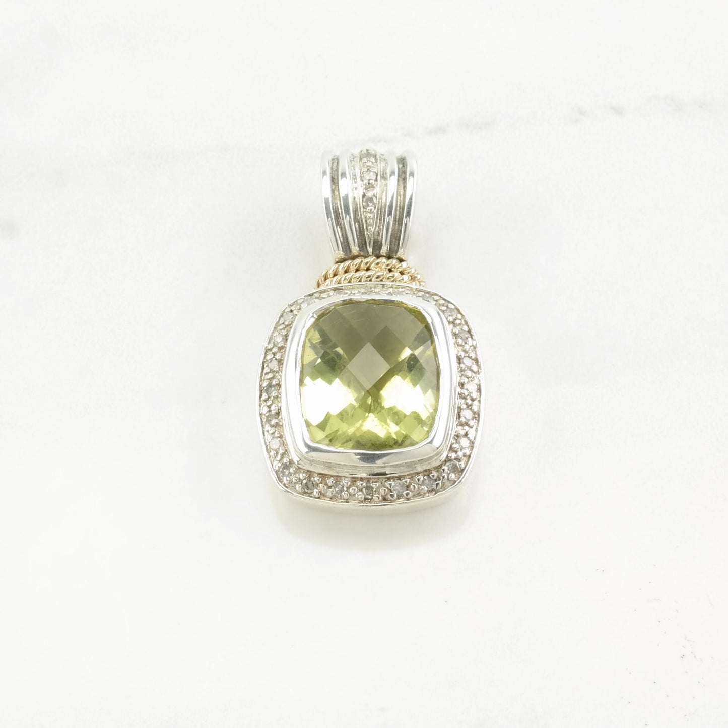 Vintage Lefkowitz and Edelstein Prasiolite, Diamond 14K gold accents Sterling Silver Pendant