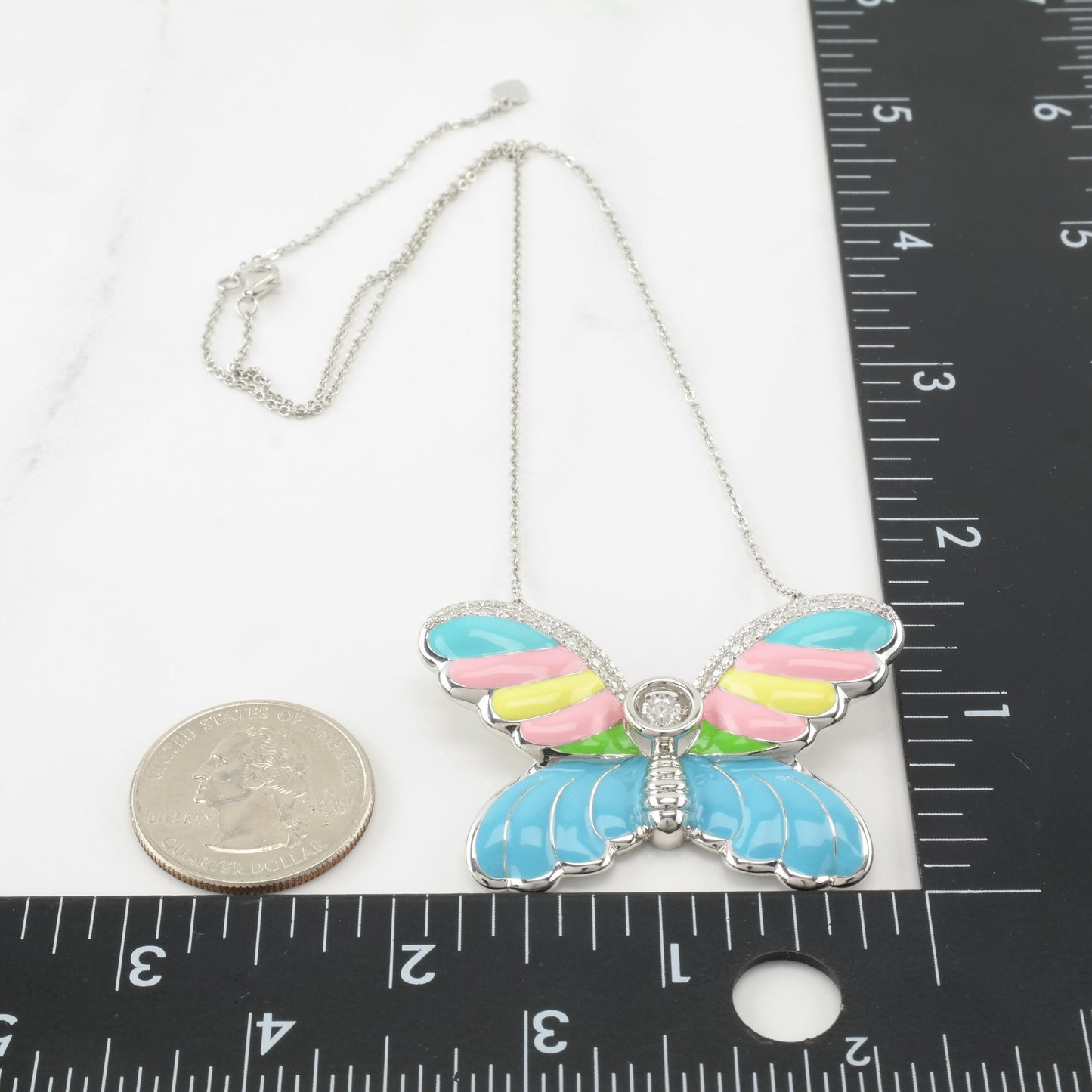 Sterling Silver Enamel Butterfly Dangling Moissanite Necklace N2418