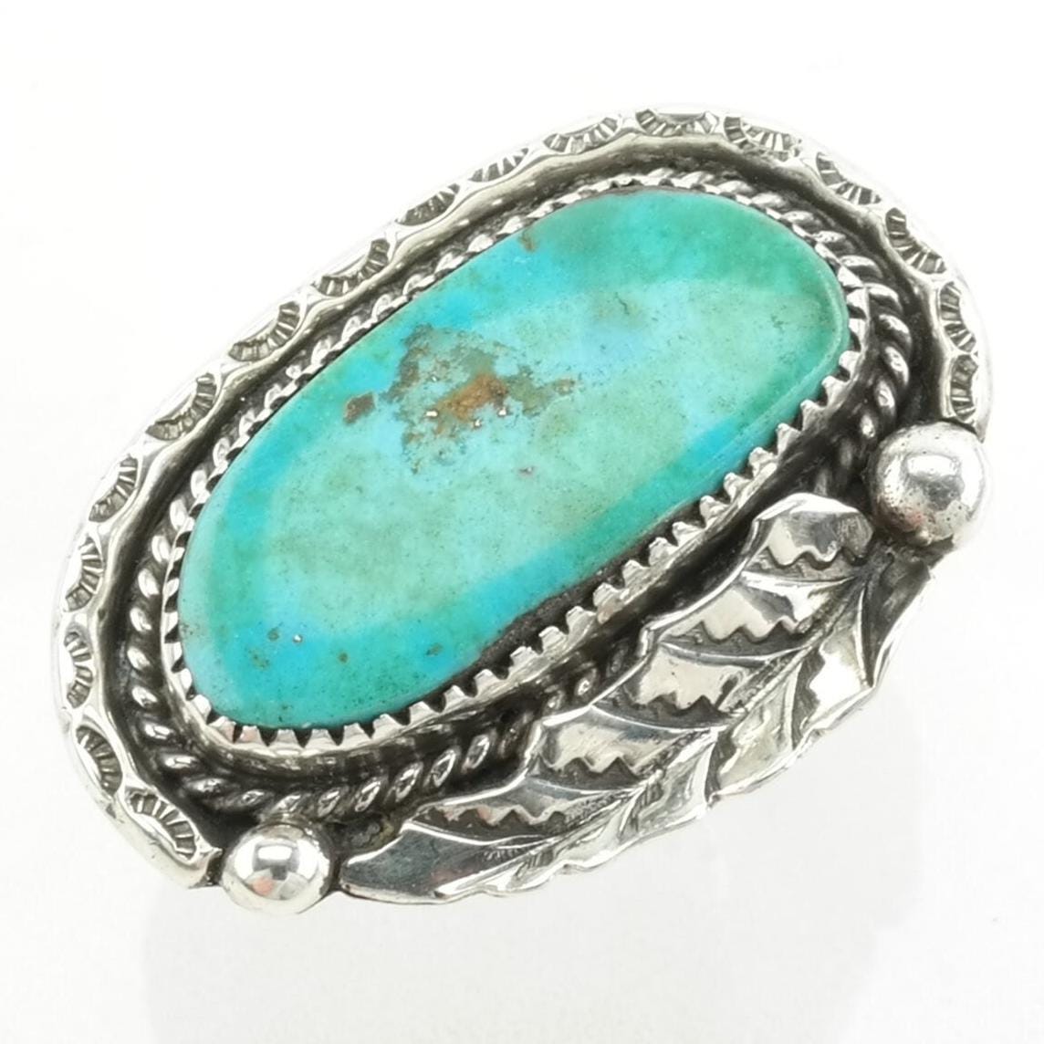 Vintage Native American Silver Ring Turquoise Leaf, Large Sterling Blue Size 6 3/4