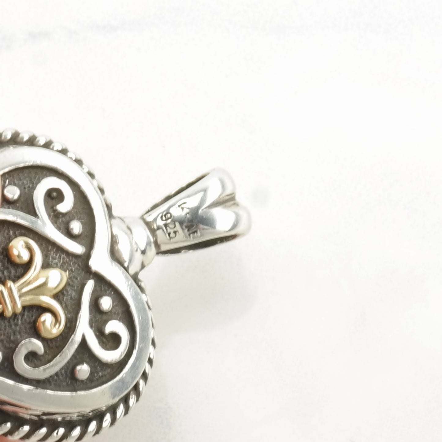 Vintage Fleur De Lis, Heart 14K Gold Accents Sterling Silver Pendant