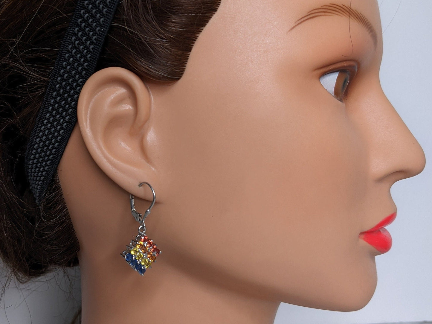 Sterling Silver Blue, Yellow, Orange, Red Sapphire, Diamond Earrings