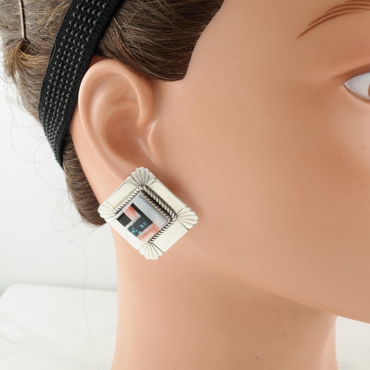 Vintage Inlay Sterling Silver Stud Earrings