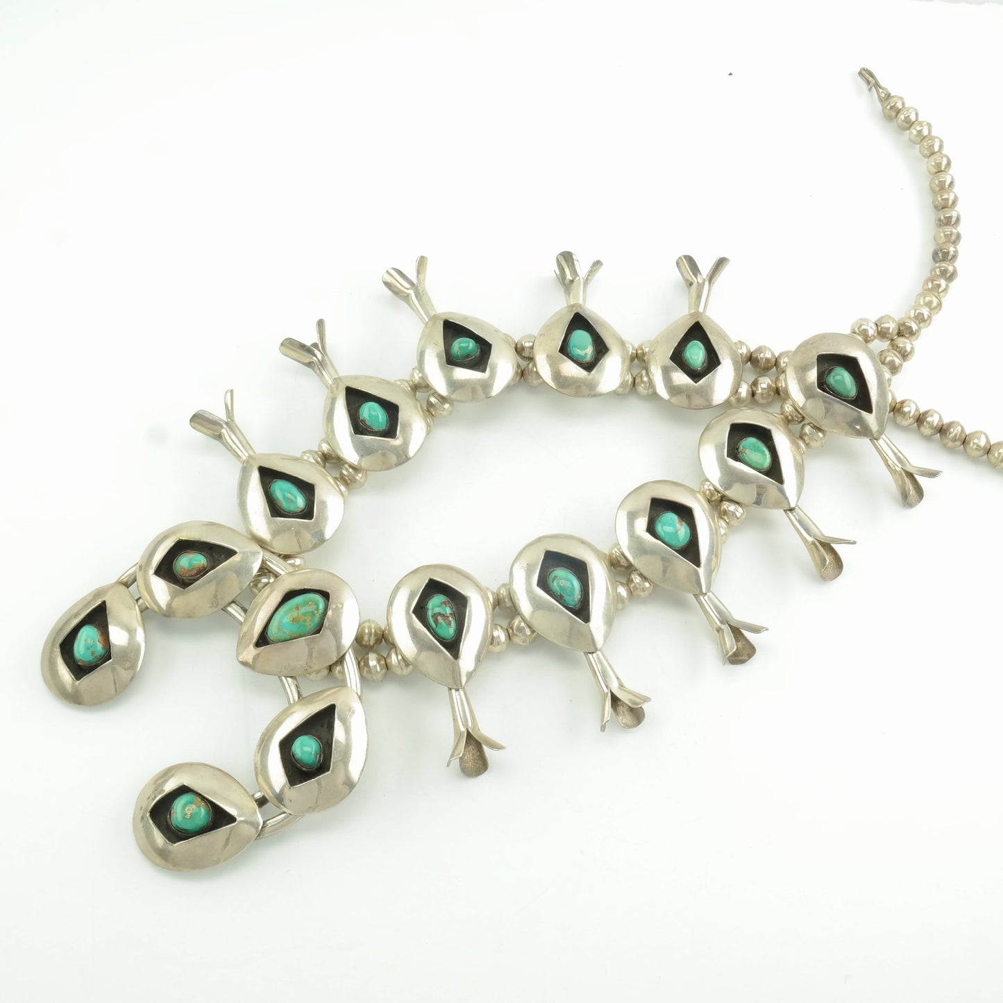 Vintage Native American Sterling Silver Royston Turquoise Shadowbox Squash Blossom Necklace