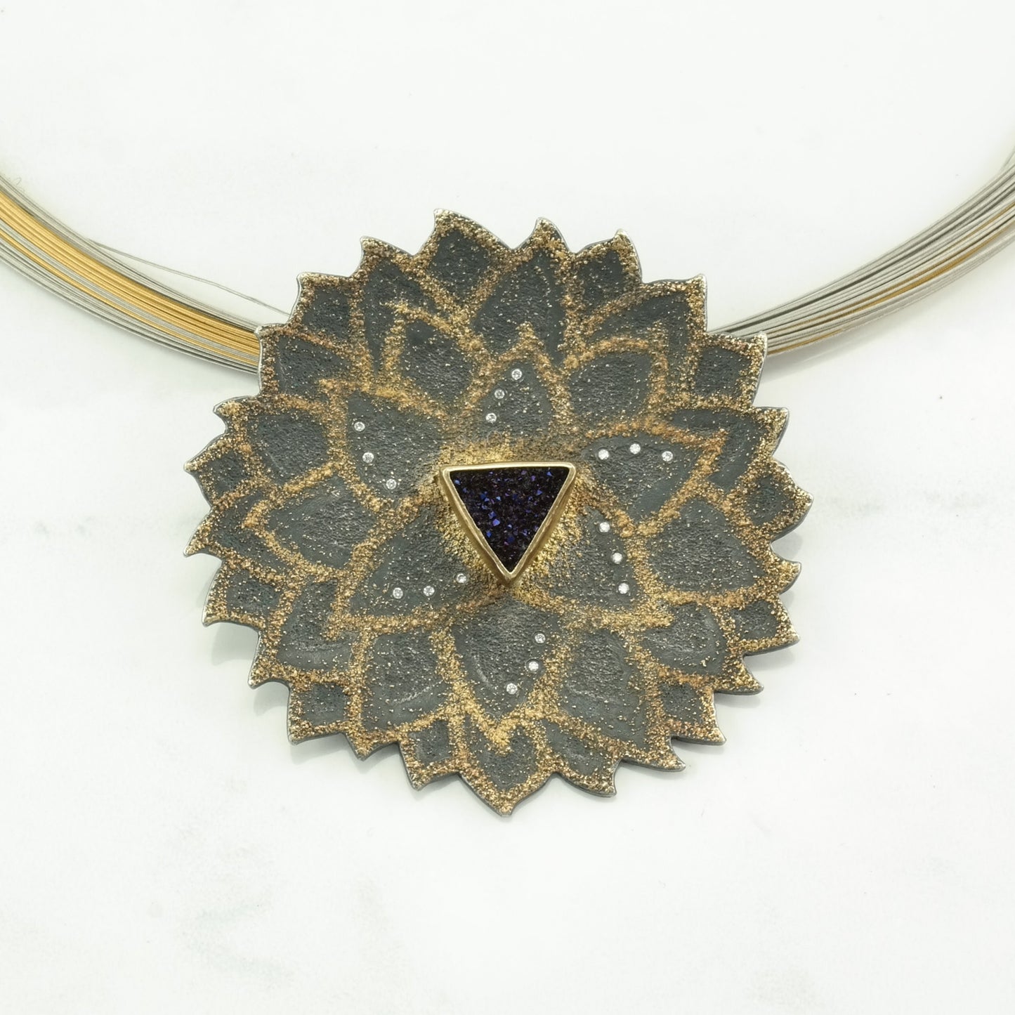 Vintage Designer Sterling Silver Druzy Quartz, Diamonds 24K Accents Necklace