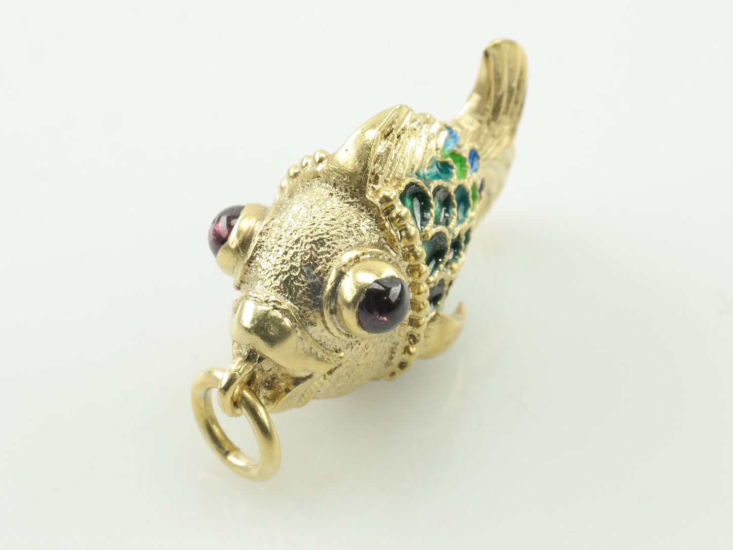 Vintage Enamel Garnet Faberge Style Fish Sterling Silver Pendant