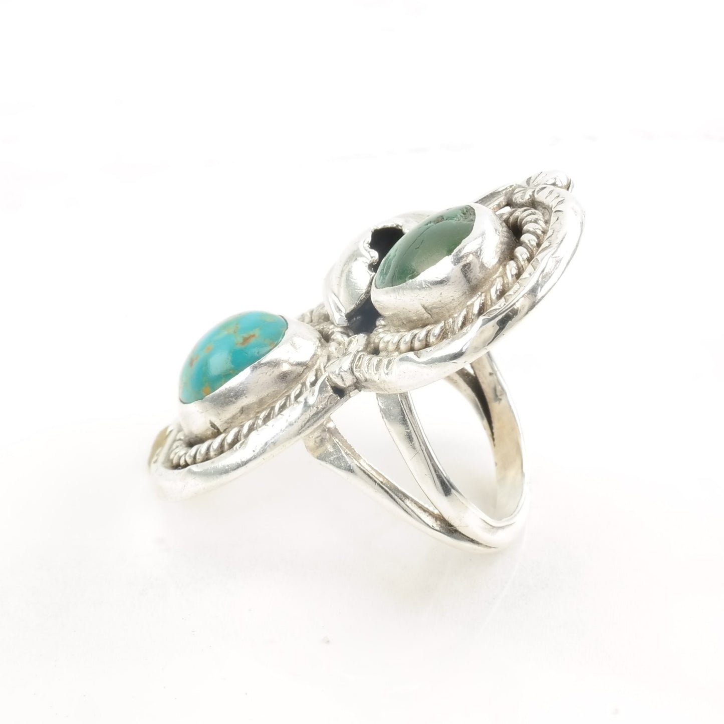 Vintage Native American Silver Ring Two Turquoise Leaf Size 6 3/4