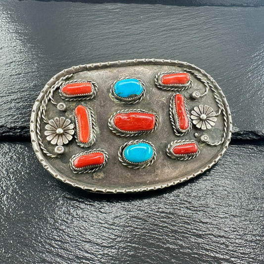 Large Sterling Silver Belt Buckle with Turquoise Coral Floral Design Native American Style