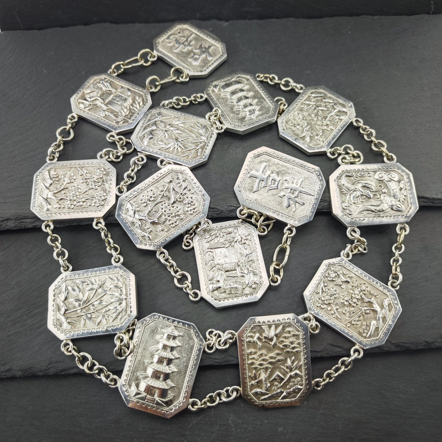 Antique Chinese Export Repousse Sterling Silver Belt Marked Hung Chong