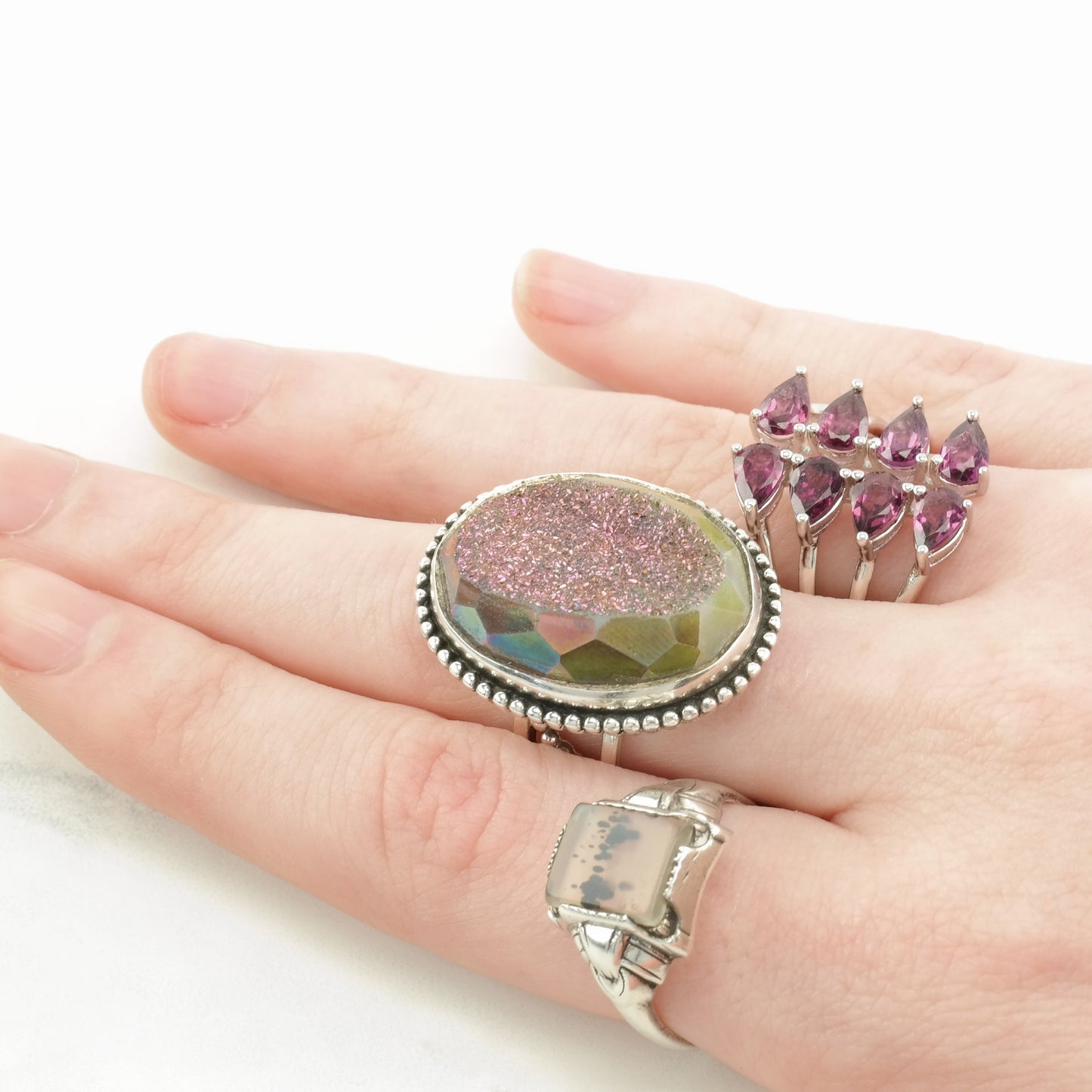 Vintage Sterling Silver Ring Druzy Quartz Huge Pink Size 5 1/2