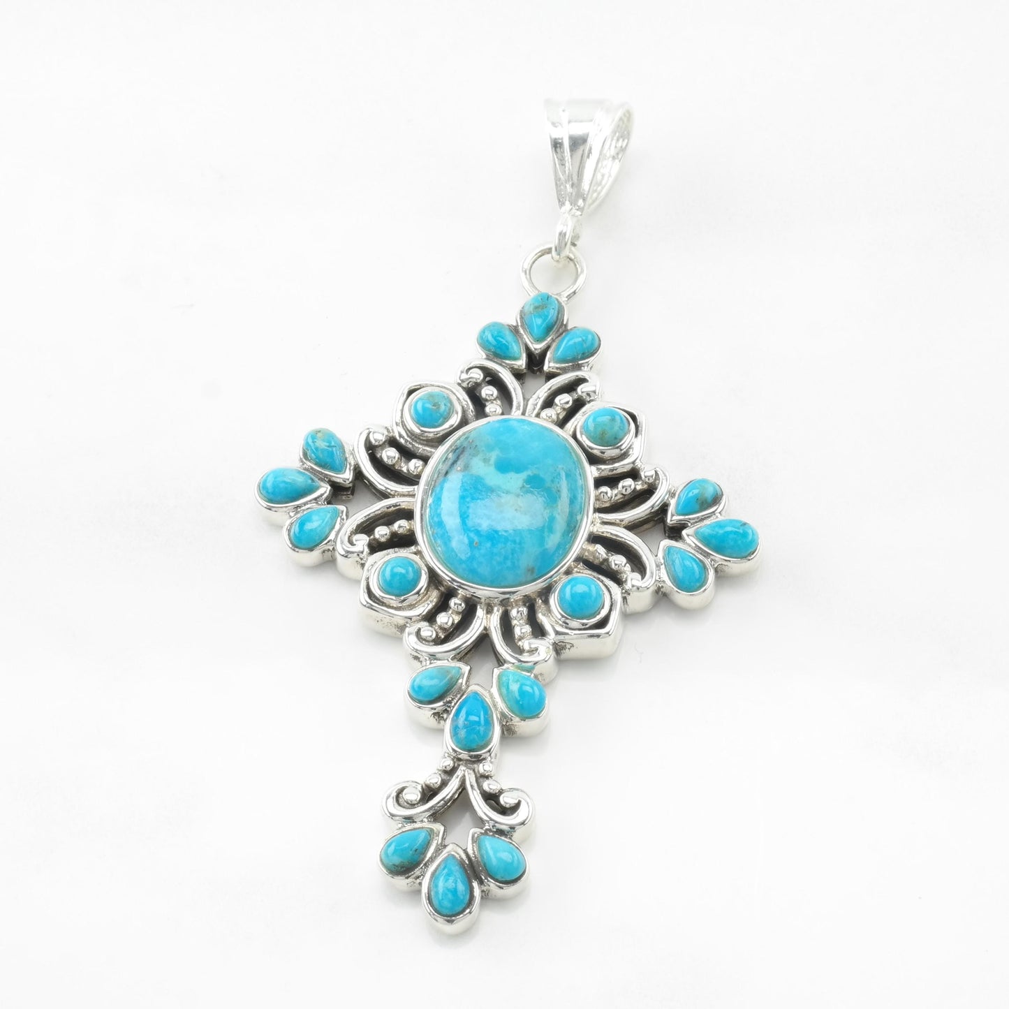 Vintage BBJ Reconstituted Turquoise Cross Sterling Silver Pendant