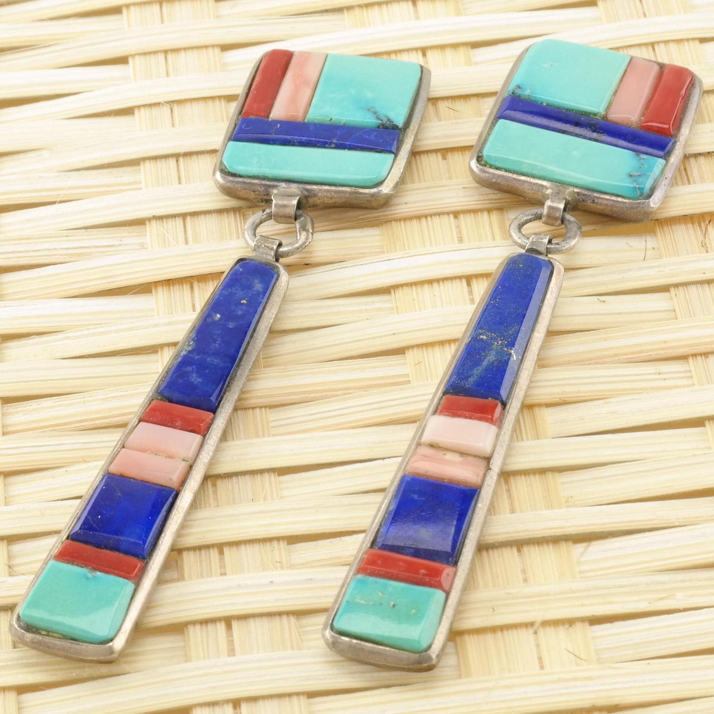 Vintage Signed, Native American Sterling Silver Pierced Dangle Earrings