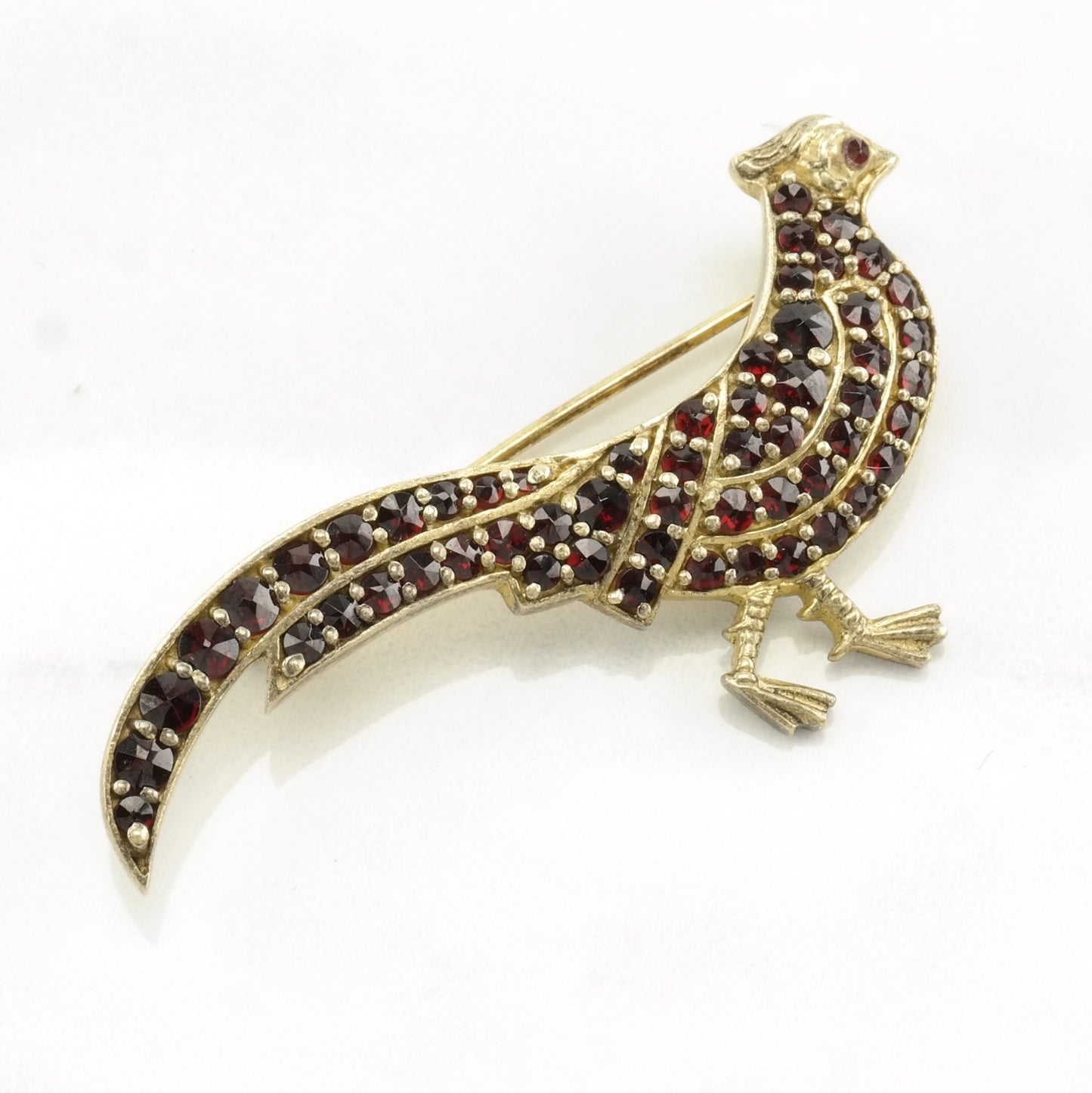 European Sterling Silver Quail Brooch with Bohemian Garnets, 900 Silver, Red Garnet Bird Brooch