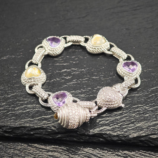 Judith Ripka Amethyst Heart & Doublet Link Bracelet Sterling Silver