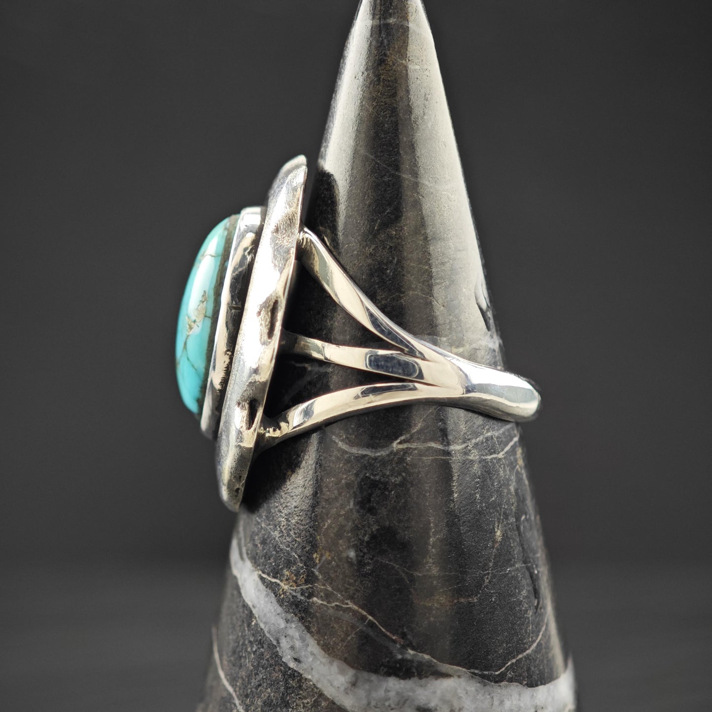 Native American Spiderweb Turquoise Shadowbox Ring Sterling Silver Size 5 3/4