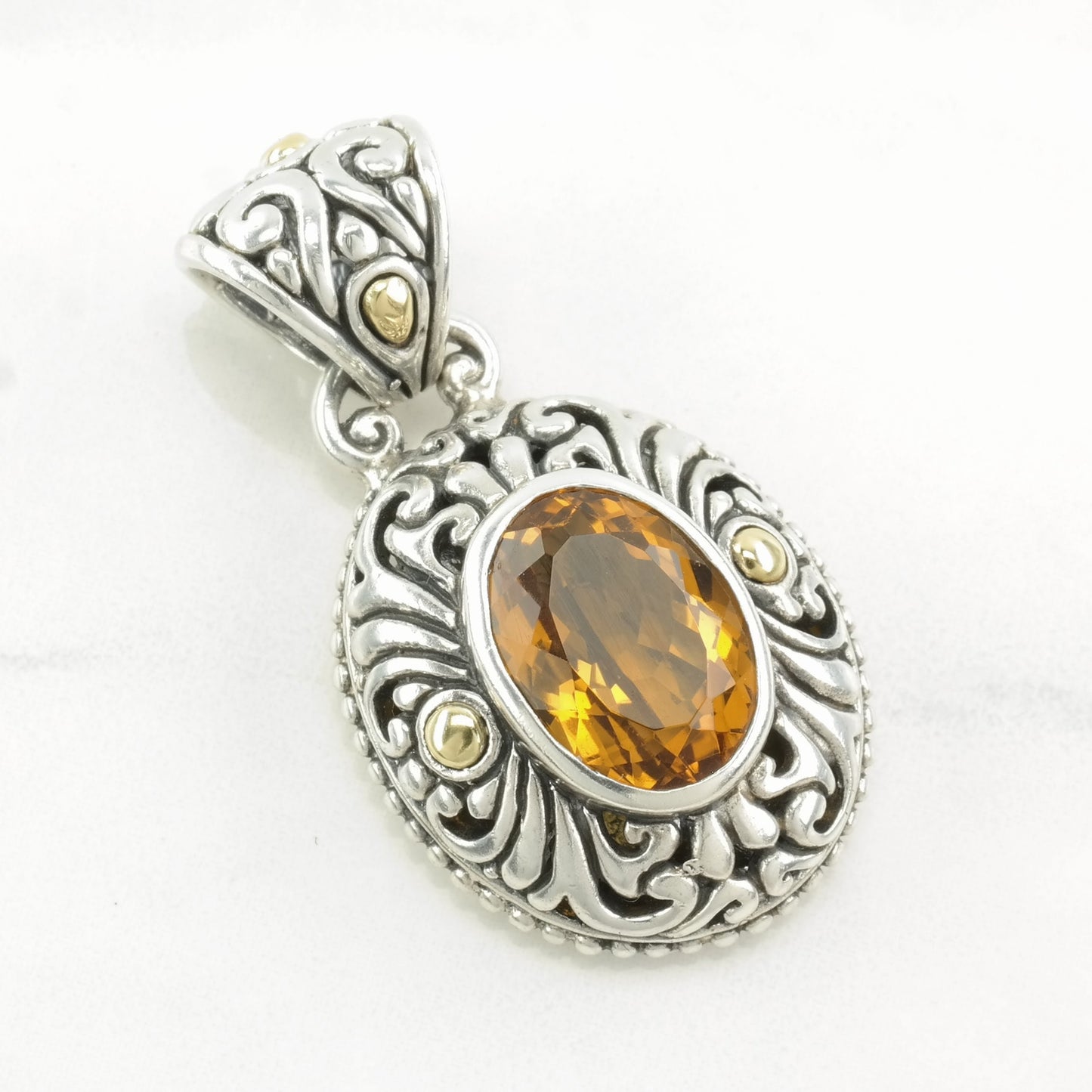 Vintage Citrine, 18K Gold Accent Ornate Sterling Silver Pendant