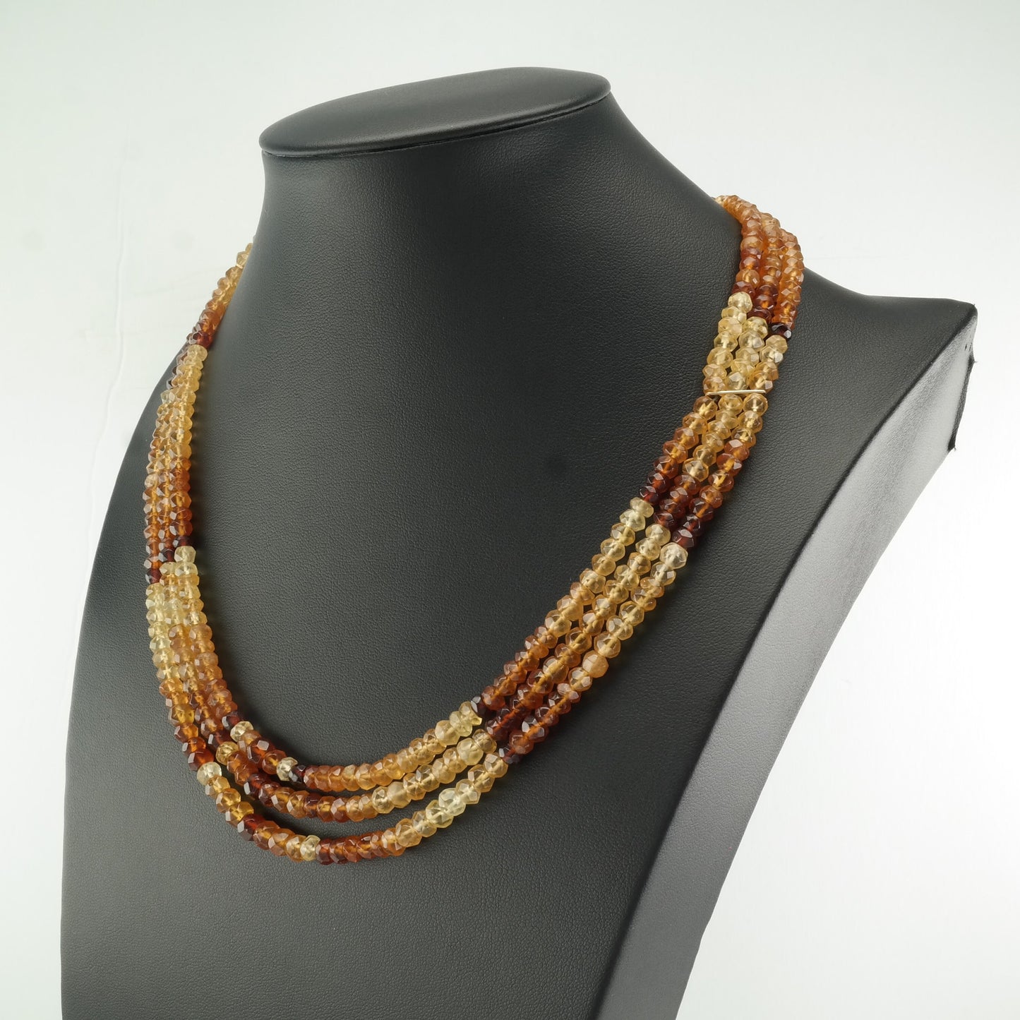 Vintage Sterling Silver Orange Citrine, 14K gold 3 Strand, Bead Necklace
