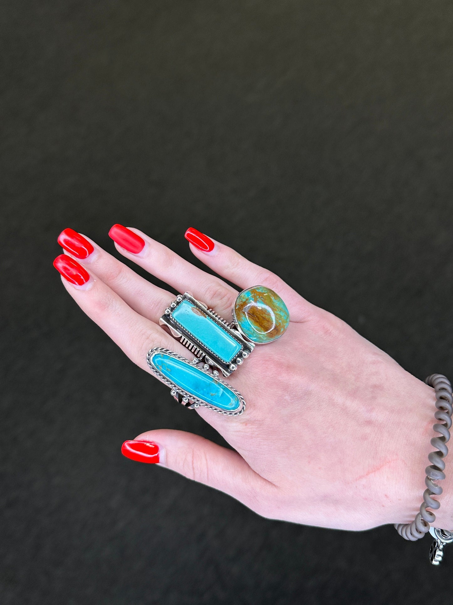 Vintage Southwest Silver Ring Turquoise Navette Long Oval Sterling Size 9 3/4