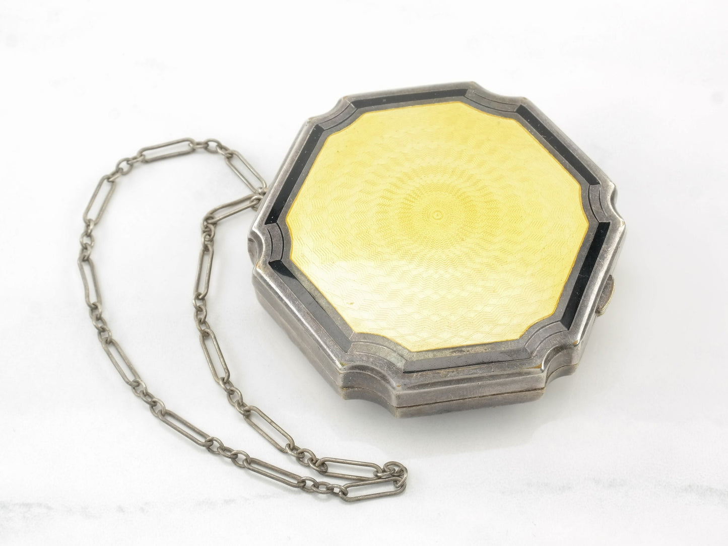 Vintage Yellow Enamel Ladies Compact Makeup Case Sterling Silver