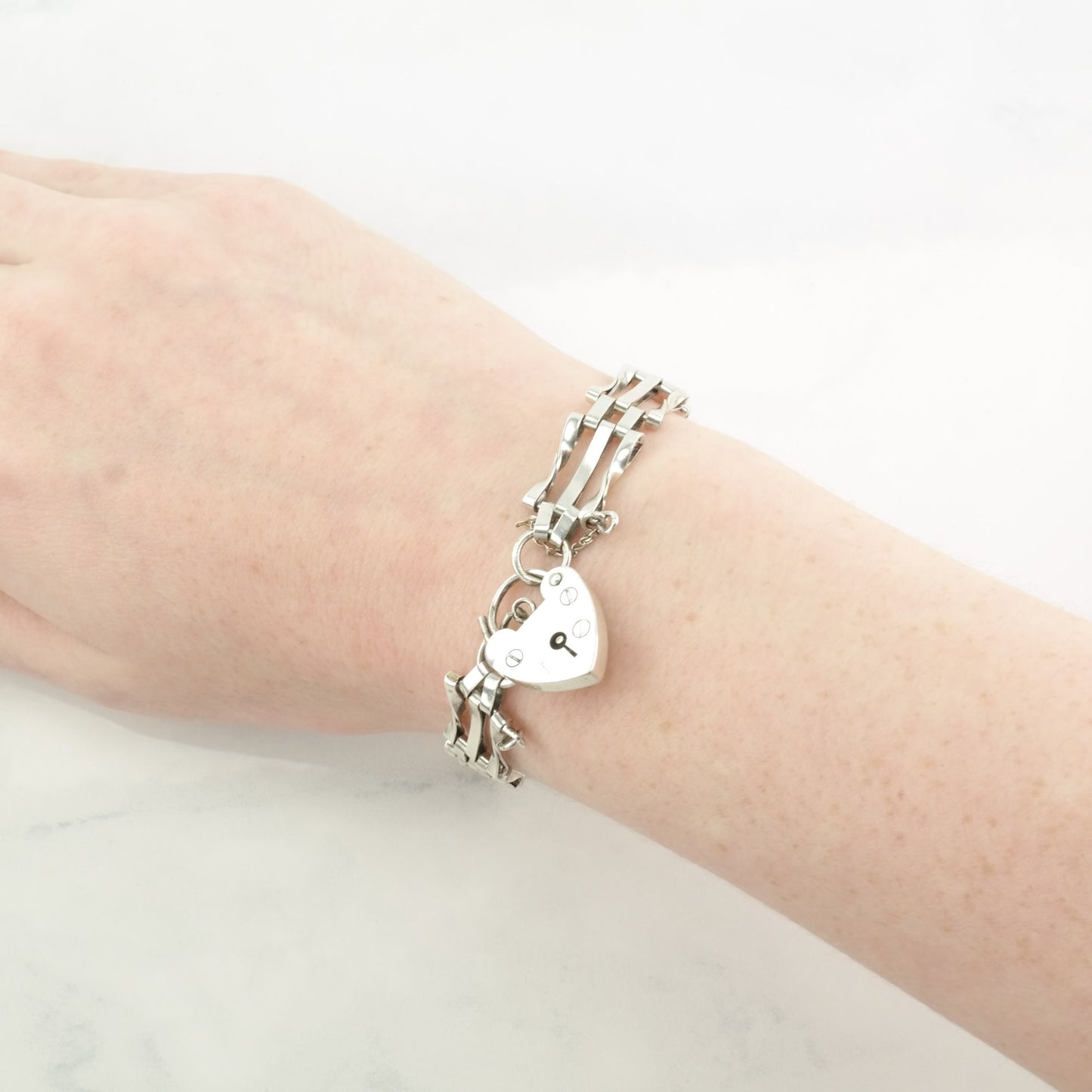 Vintage English Sterling Silver Link Bracelet Heart Locket