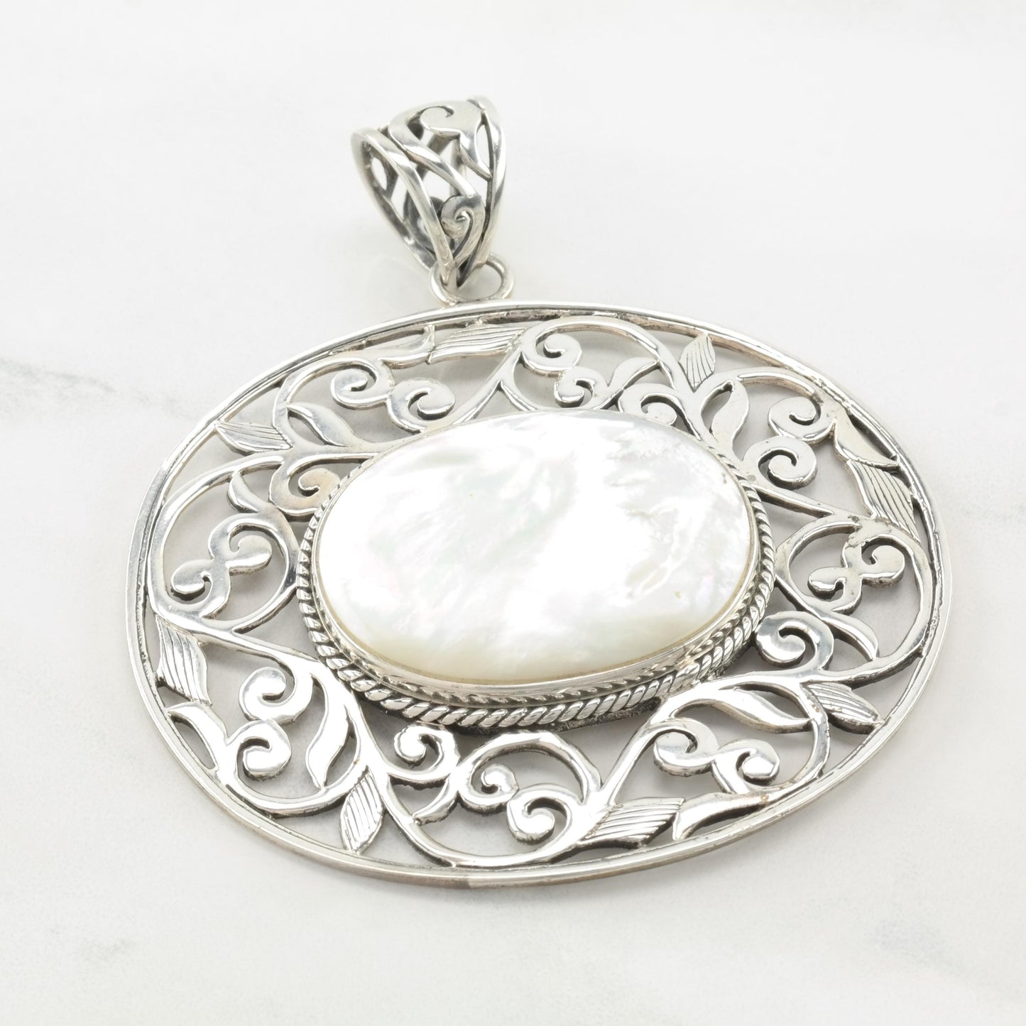 Vintage Large Thai Filigree Silver Pendant MOP Sterling