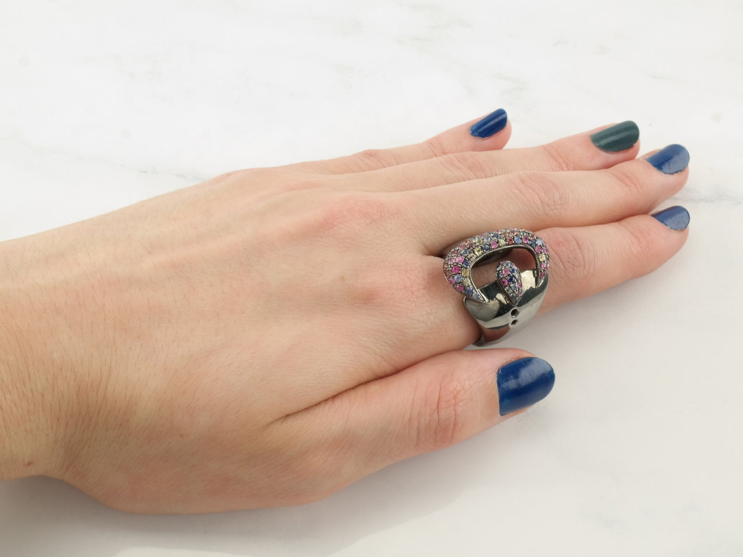 Vintage Carlo Viani Ring Multi Gem Belt Buckle Sterling Silver Size 7