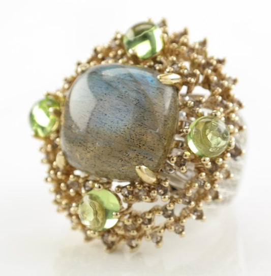 Vintage Sterling Silver Ring Labradorite Peridot White Spinel Gold Plated Size 7 1/4