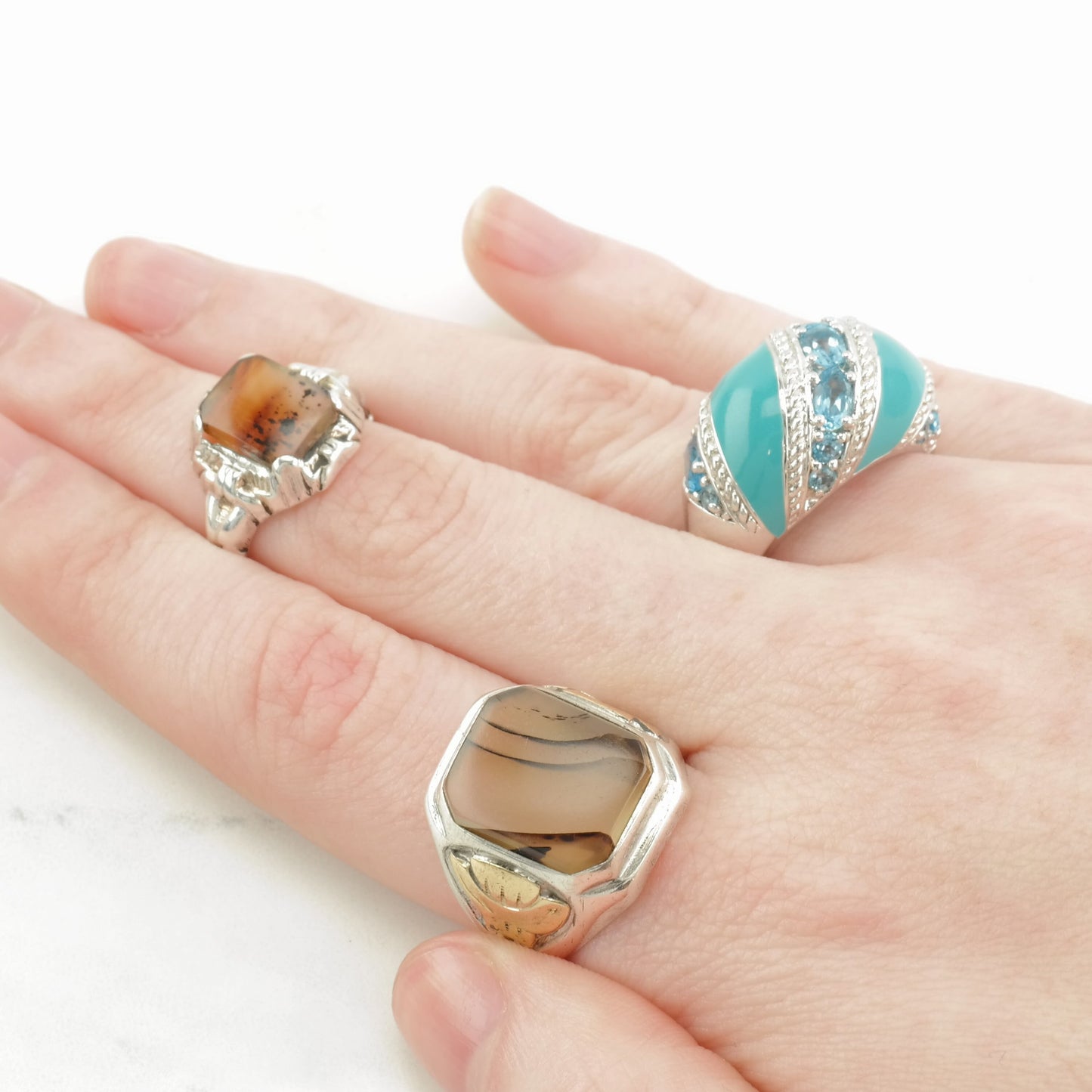 Vintage Sterling Silver Ring Topaz, Enamel Blue Size 5