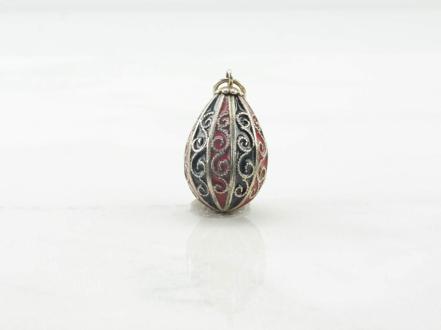 Vintage Sterling Silver Enamel Soviet Russia Egg Red Black Pendant