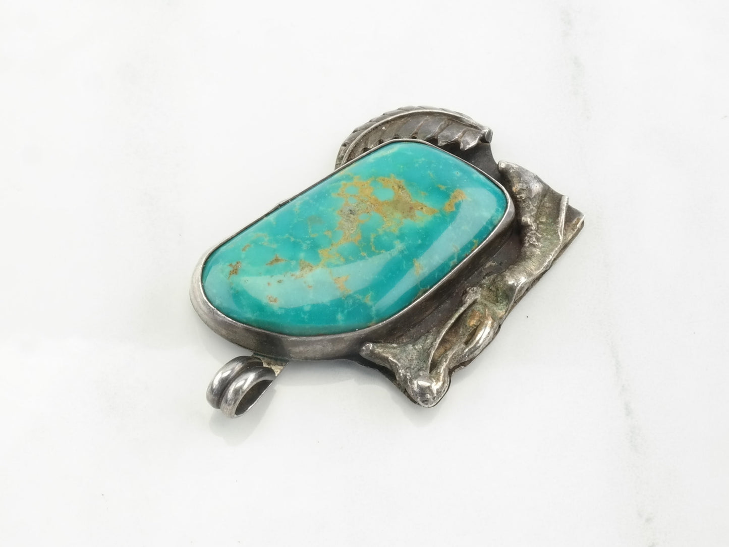 Vintage Southwest Turquoise Leaf Sterling Silver Pendant