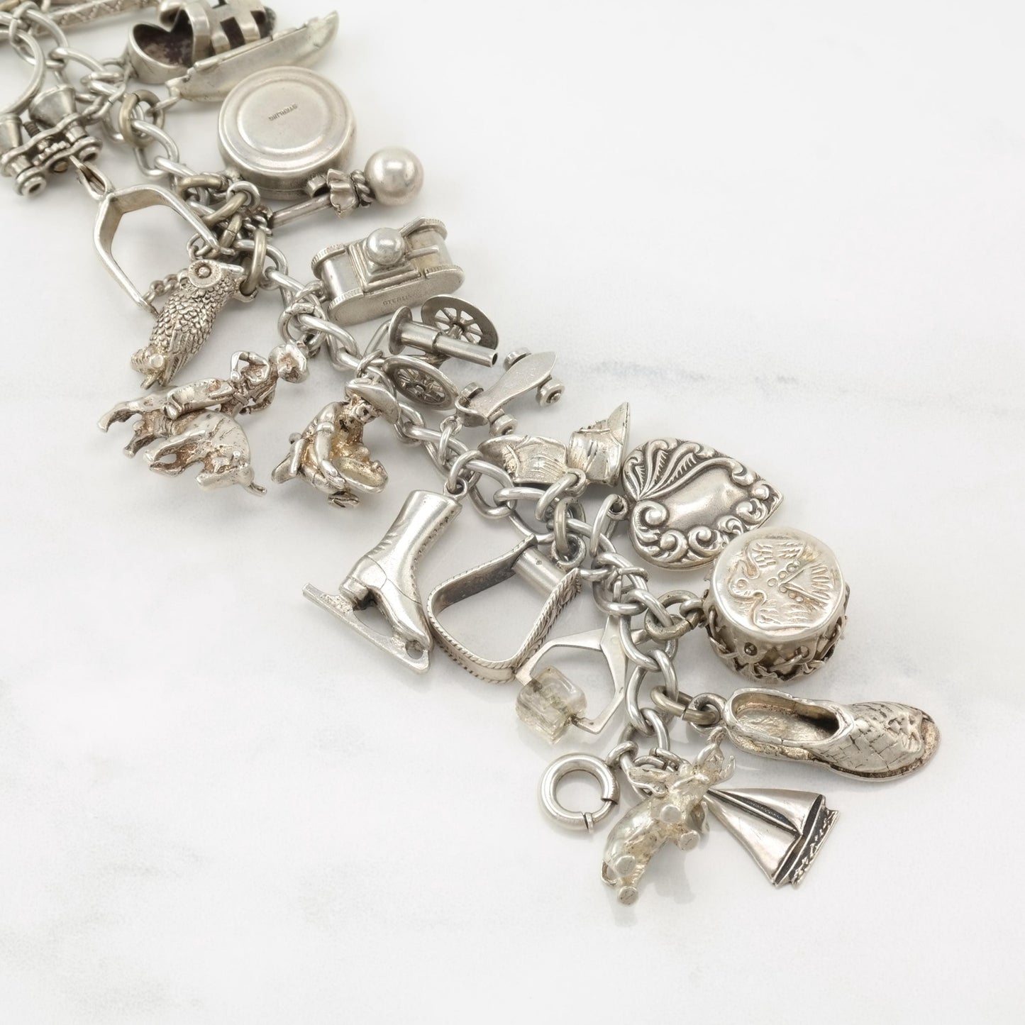 WWII Era Sterling Silver 32 Charms Bracelet Western, Military & Misc