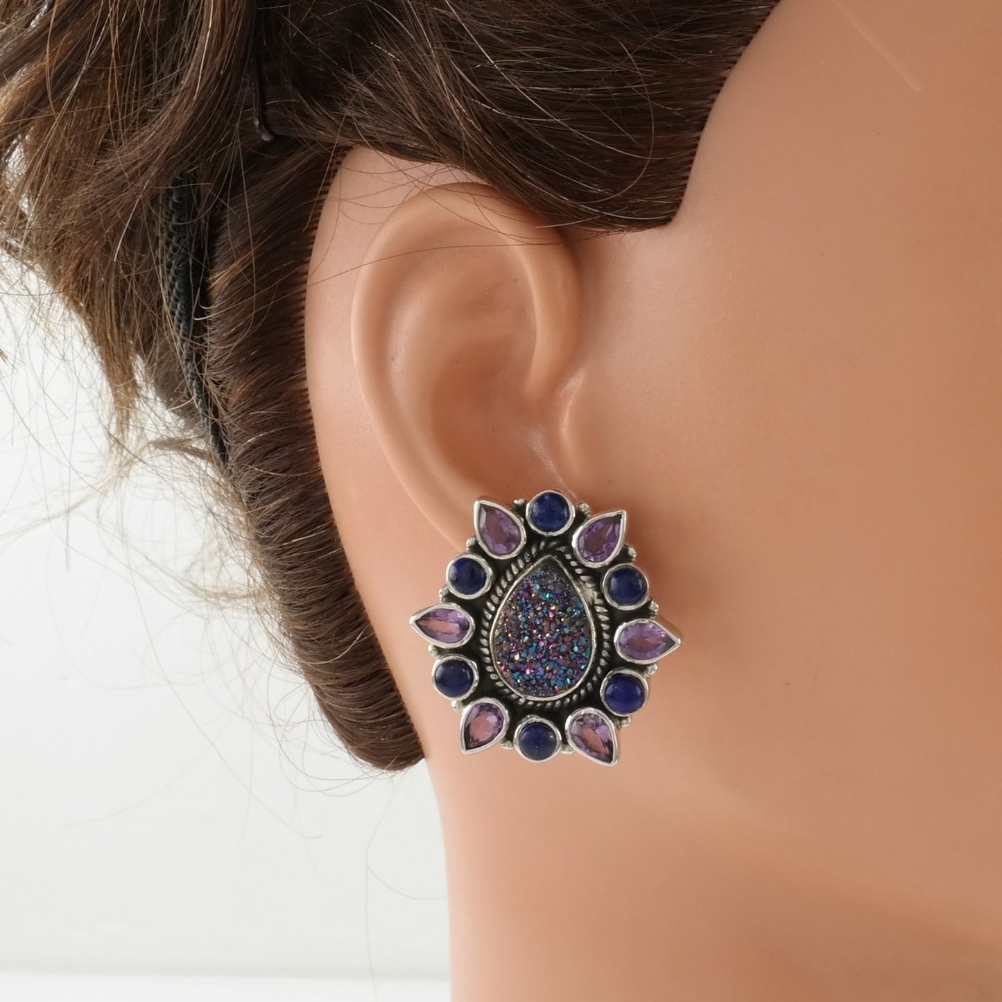 Vintage Sterling Silver Stud Earrings Purple, Blue Druzy, Amethyst, Lapis Lazuli Cluster
