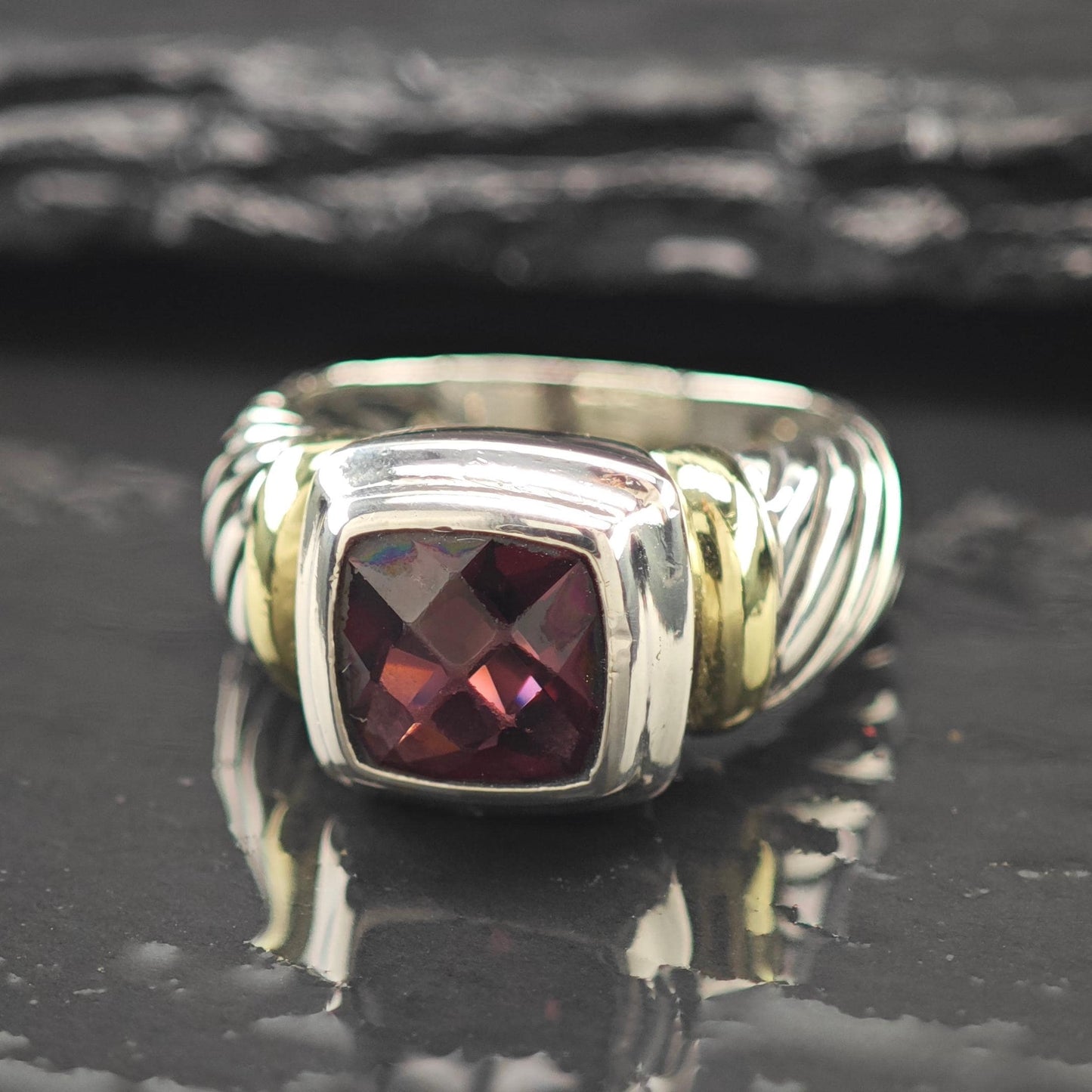 David Yurman Garnet 14K Gold Accent Ring Sterling Silver