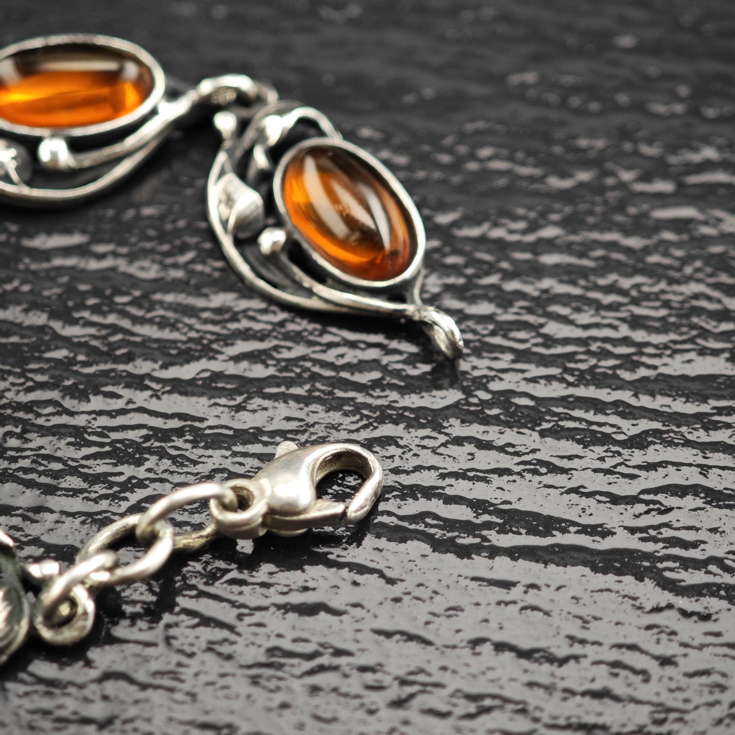 Art Nouveau Style Amber Link Bracelet Sterling Silver