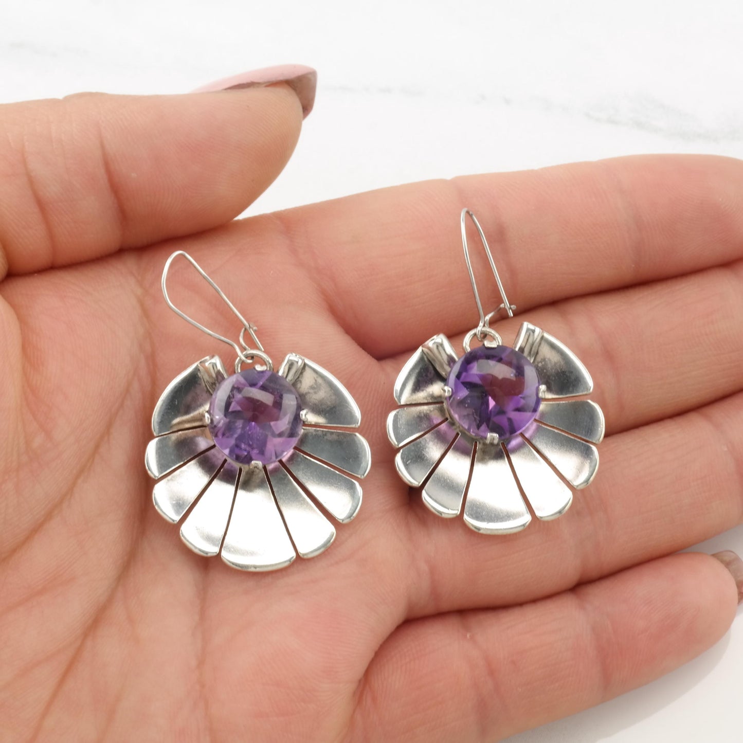 Vintage Amethyst Shell Sterling Silver Kidney Wire Earrings