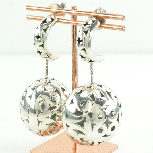 Vintage Sterling Silver Stud/Dangle Earrings Indonesia, Designer Floral Ball